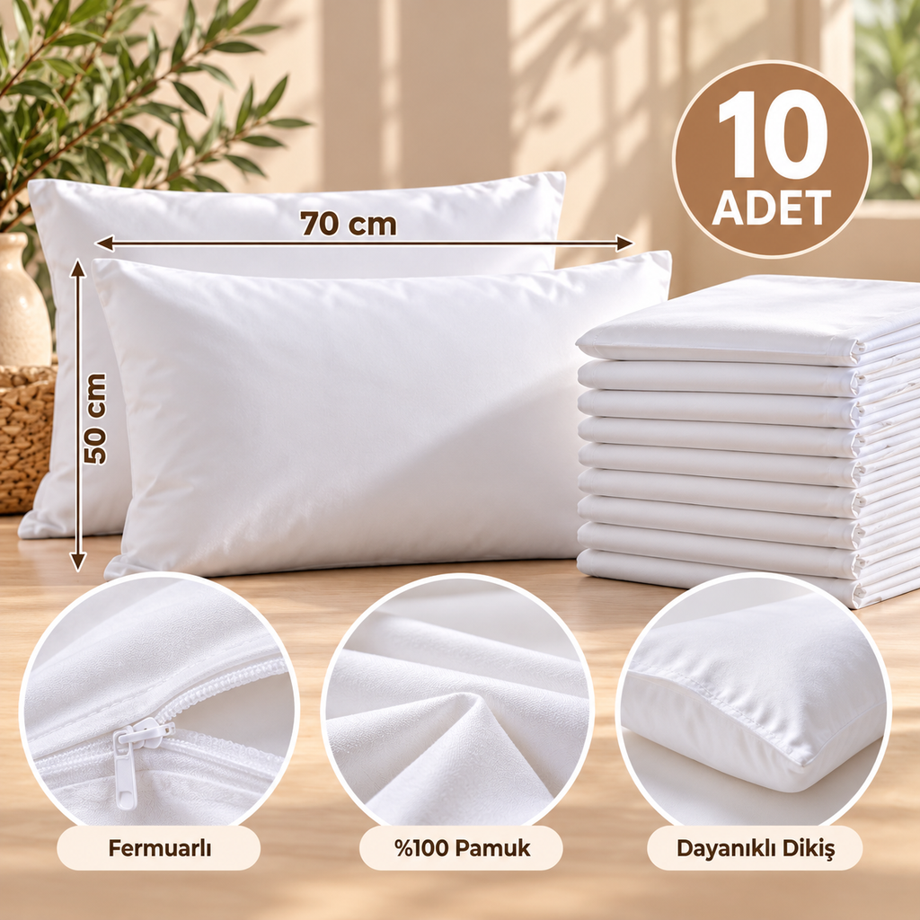 10'lu Fermuarlı Yastık İç Astarı Seti – 50x70 cm