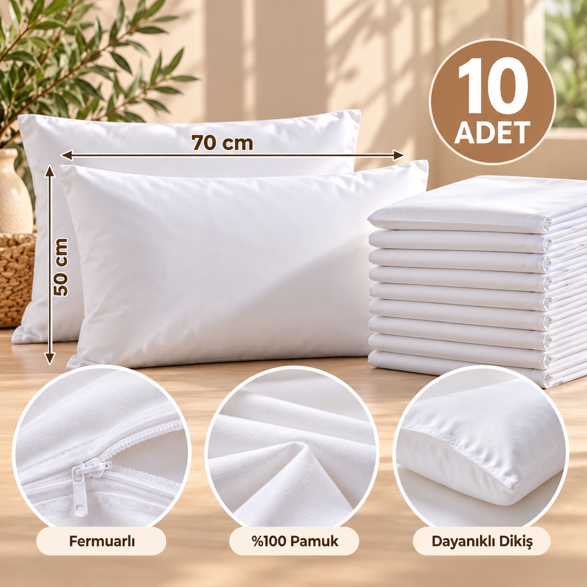 10'lu Fermuarlı Yastık İç Astarı Seti – 50x70 cm