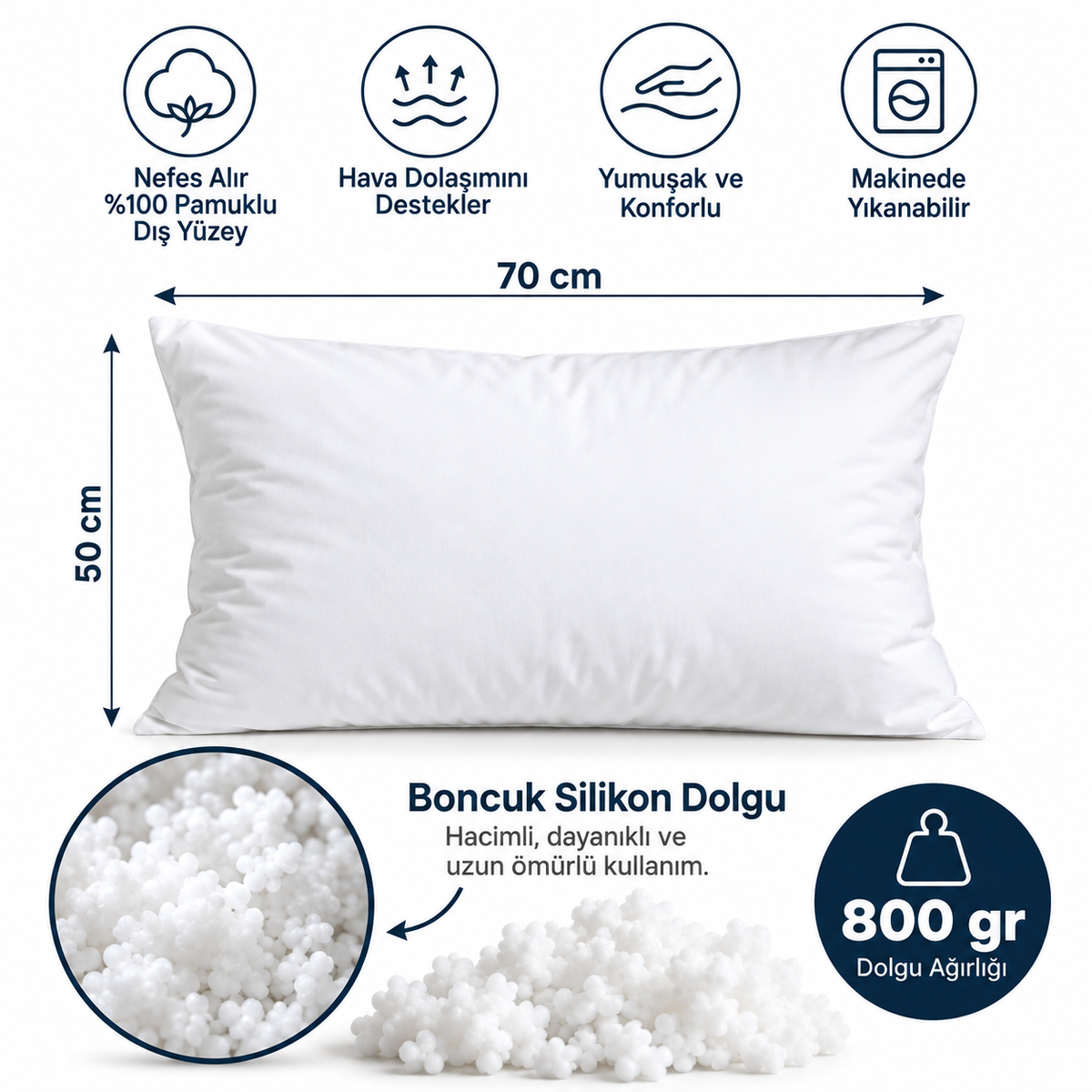 2'li Boncuk Silikon Dolgulu Yastık Seti 50x70 cm | %100 Pamuk