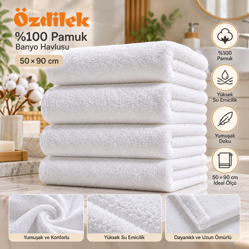 Özdilek %100 Pamuk Düz Beyaz Havlu 50x90 cm – 4'lü Set