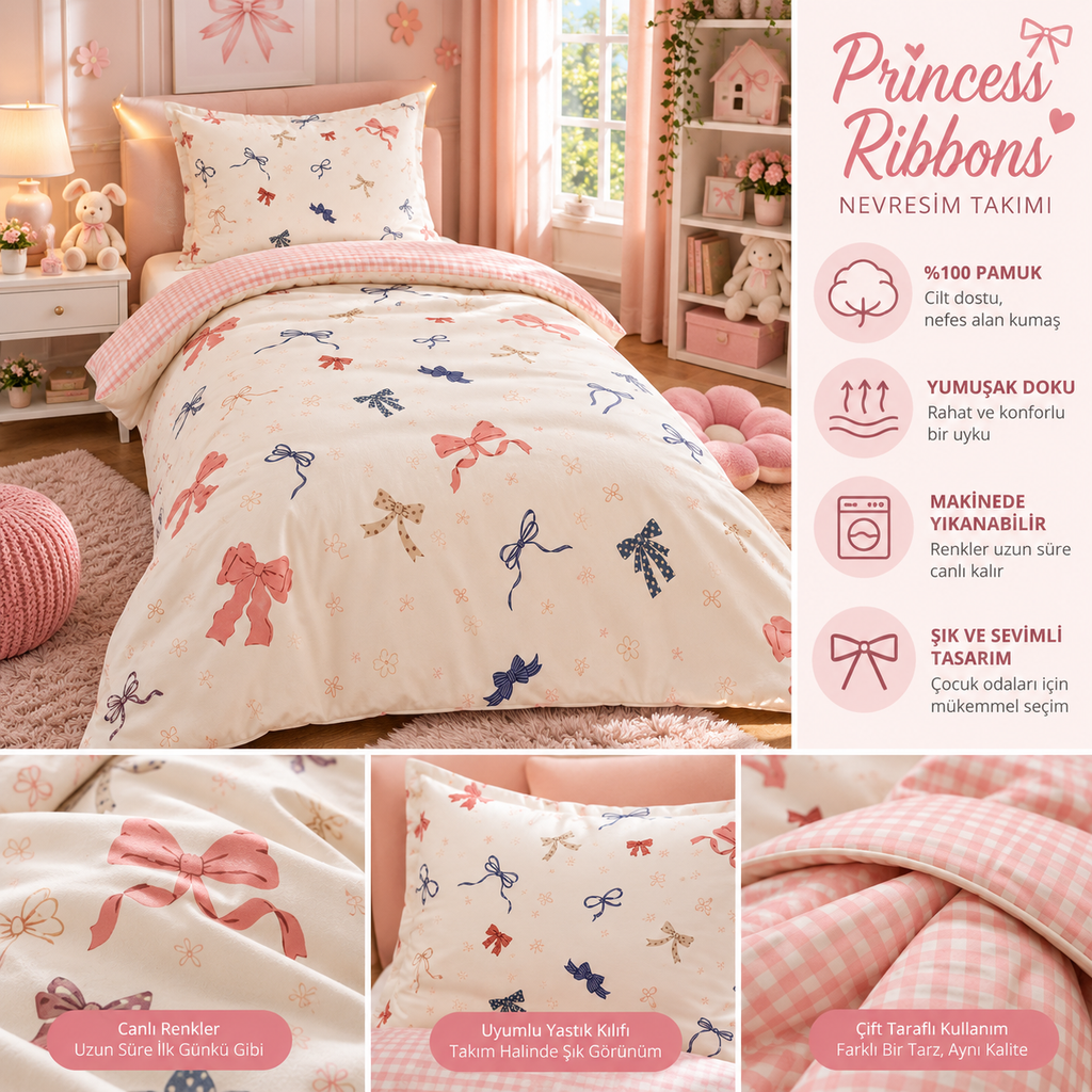 Özdilek Princess Ribbons Tek Kişilik Lastikli Çarşaf Nevresim Takımı